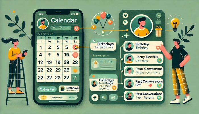 Memorio App Interface showing calendar and contacts